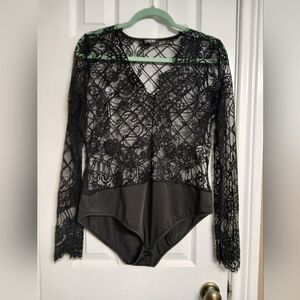 CHICME Black Sheer Lace Bodysuit - Size XL